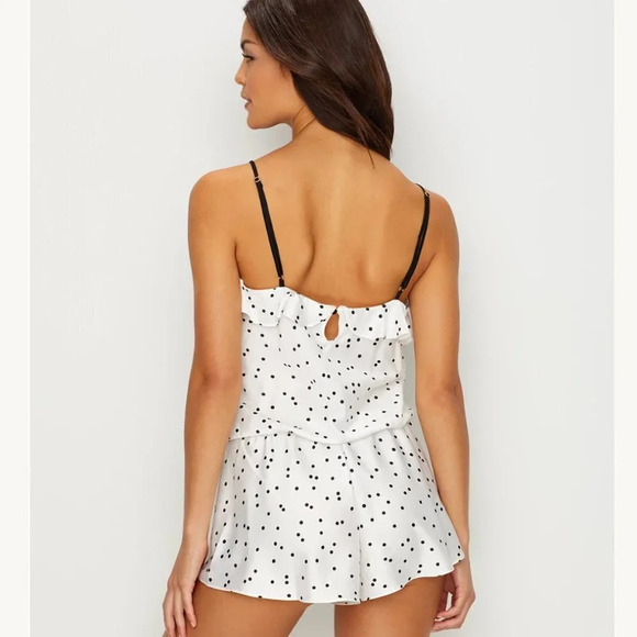 Kate Spade Satin Effect Charmeuse Pajama Romper White Black Polka Dot Size Small - Picture 2 of 9
